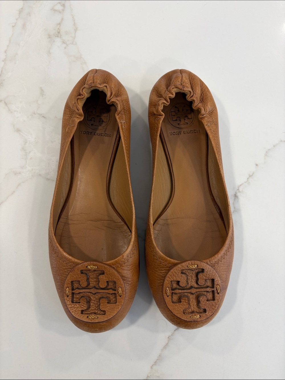 Tory Burch Tan Leather Logo Ballet Flats